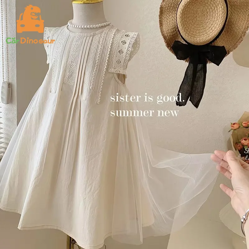 

2025 Лето Новинка 2 3 4 5 6 7 8 9 10 12 лет Детское кружевное лоскутное хлопковое свободное платье без рукавов с вышивкой для маленьких девочек