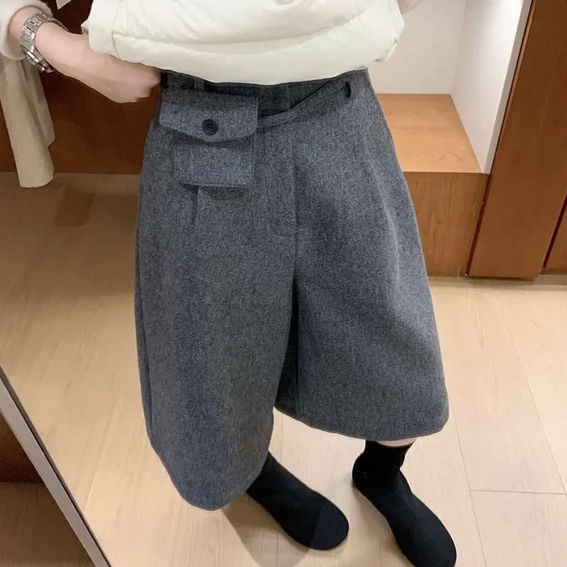 High-waisted Woolen Loose Mid-pants Casual Pants Autumn and Winter New Style Versatile and Stylish Five-point Boot Pants Wide