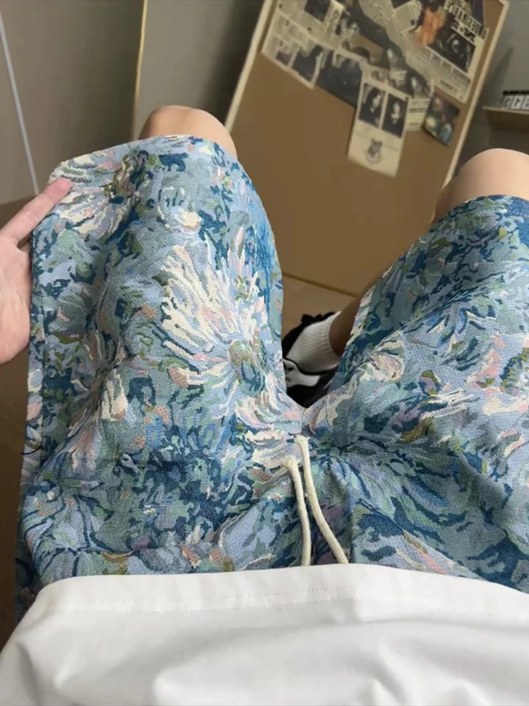 

Blue Hawaiian Floral Men's orts Summer Outdoor American Knitted Beach Pants Mid-Low Waist Straight Leg Breathable Casual ...