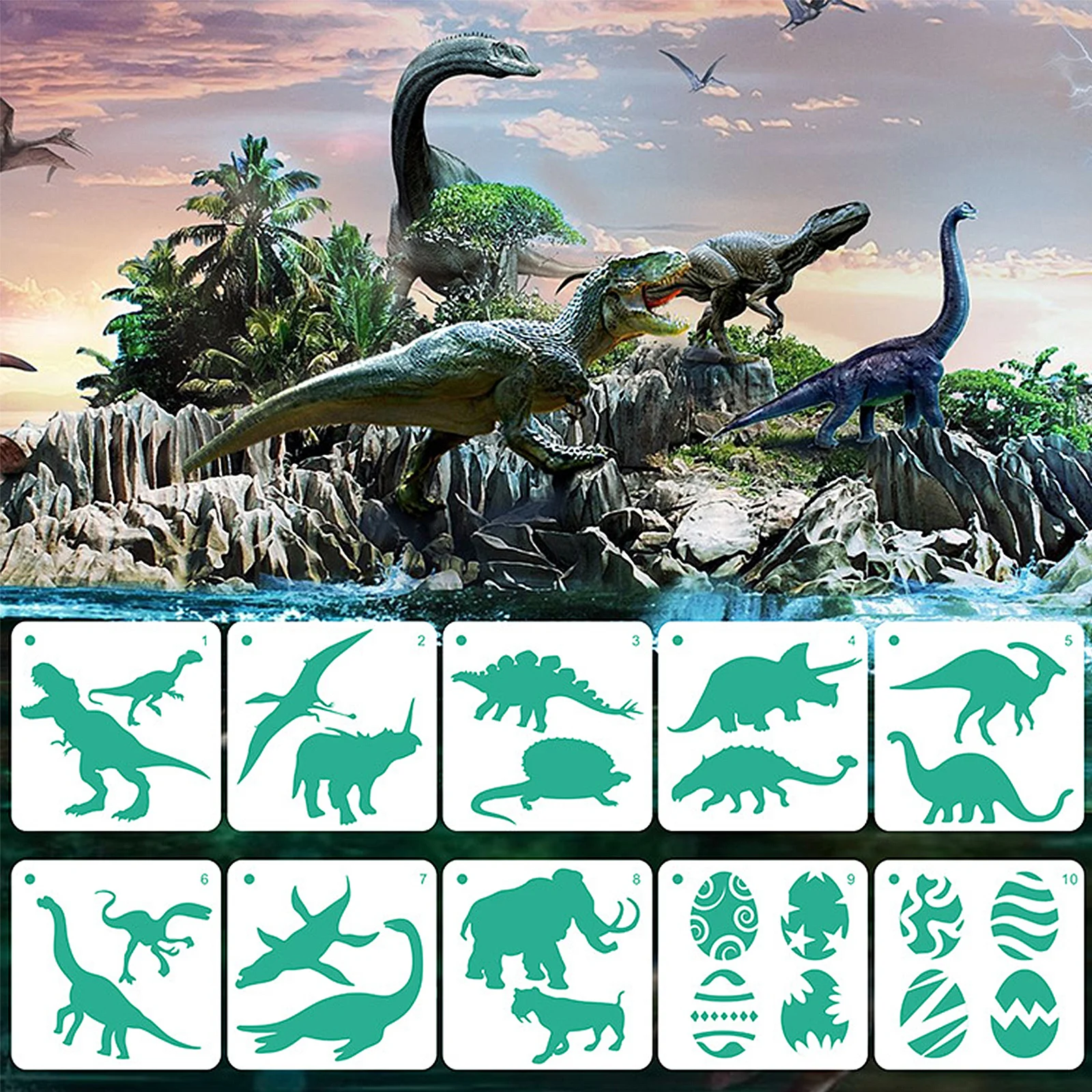 

10pcs Dinosaur Painting Template Reusable Art Drawing Stencils Kids Crafts Diy Creative Decoration Safe Non-Toxic For Children