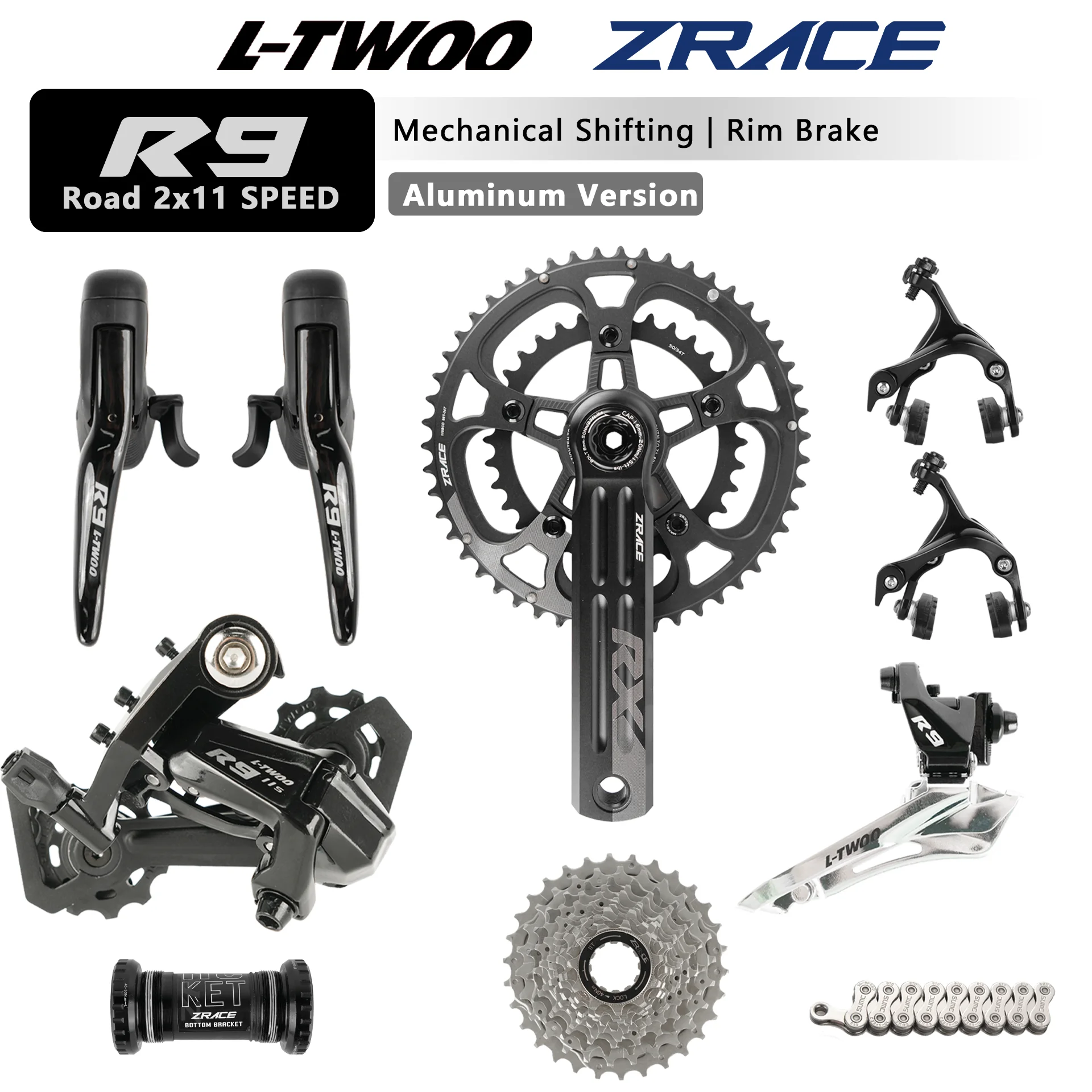 LTWOO R9 2x11 Speed Road bike Groupset with ZRACE Crankset Brake Caliper Cassette Chain, 22S, Capable with 5800 and R7000