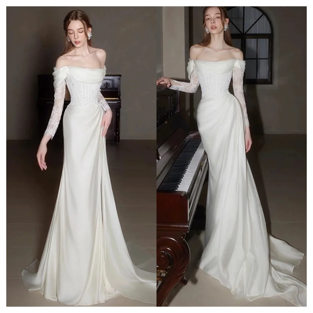 

Customized Mermaid Classic White Satin Evening Dress Fashion Boat Neck Off the Shoulder Sleeveless Party Dress Formal Prom Dress