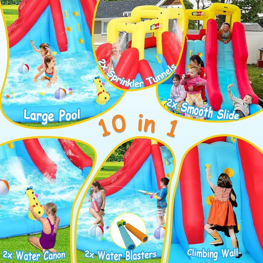 어린이용 에어 슬라이드, 10 in 1 에어 바운스 하우스 워터파크 (송풍기, 물총 2개, 물 블래스터 2개, 클라이밍, 스파 포함)
