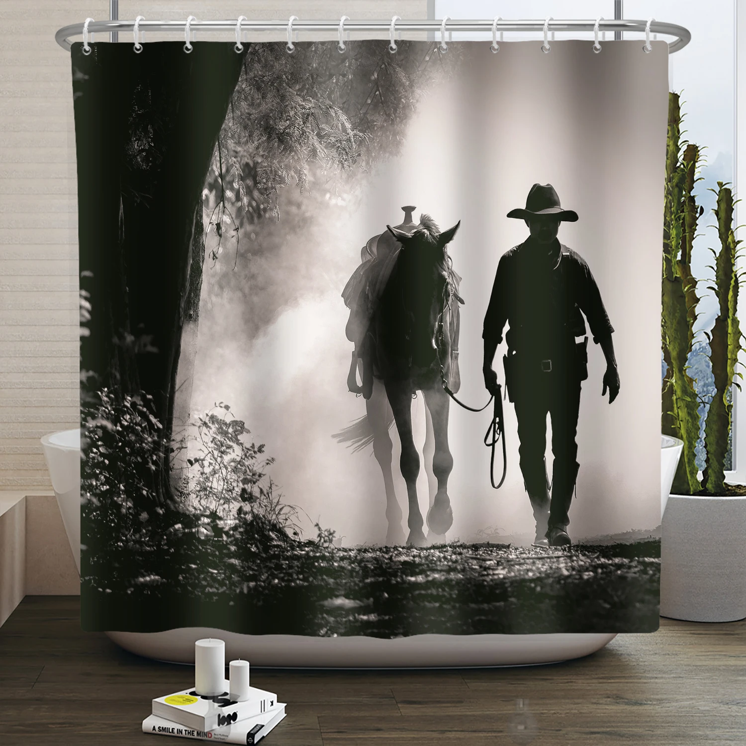 Western Cowboy Shower Curtain Country Cowboy Riding Horse Wild West Farmhouse Bathroom Curtain Minimalist Aesthetic Bath Curtain