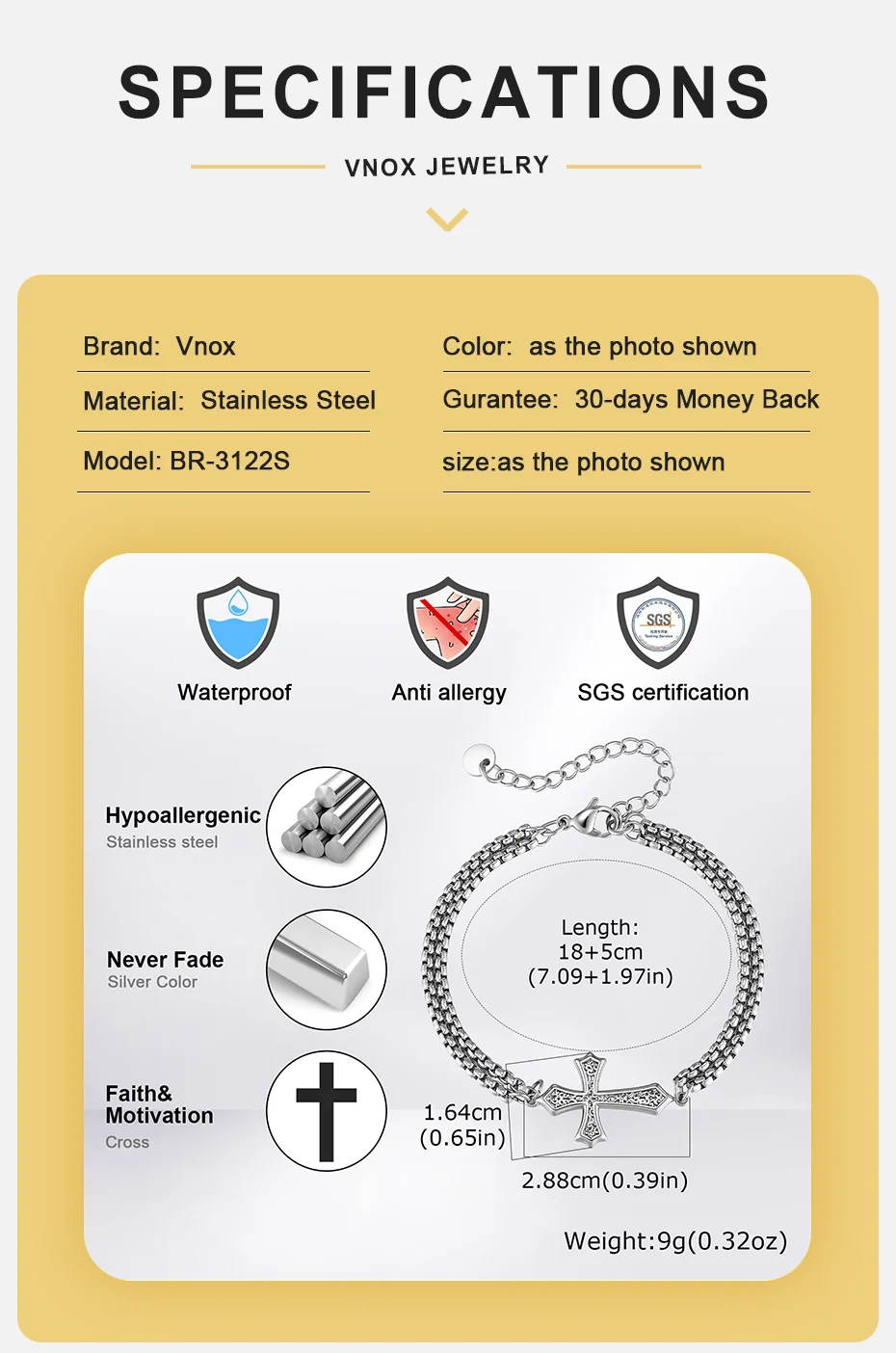 Vnox Edelstahl-Kreuz-Ankh-Charm-Armband für Männer und Frauen, kubanische Box-Kette, verstellbar 18–23 cm, gotischer religiöser Schmuck, Geschenk – Detail 4
