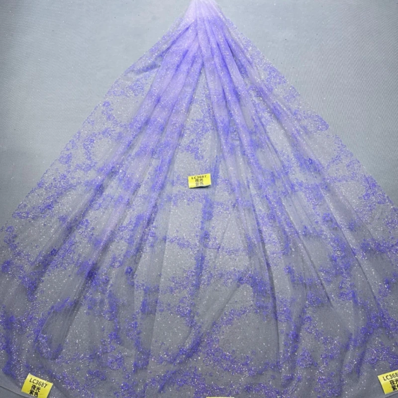 10 Yards Light Purple Africa Noctilucent Tulle Lace Fabric High Quality Fashion Gold Glue Glitter Net Lace Beads Sequin For Part