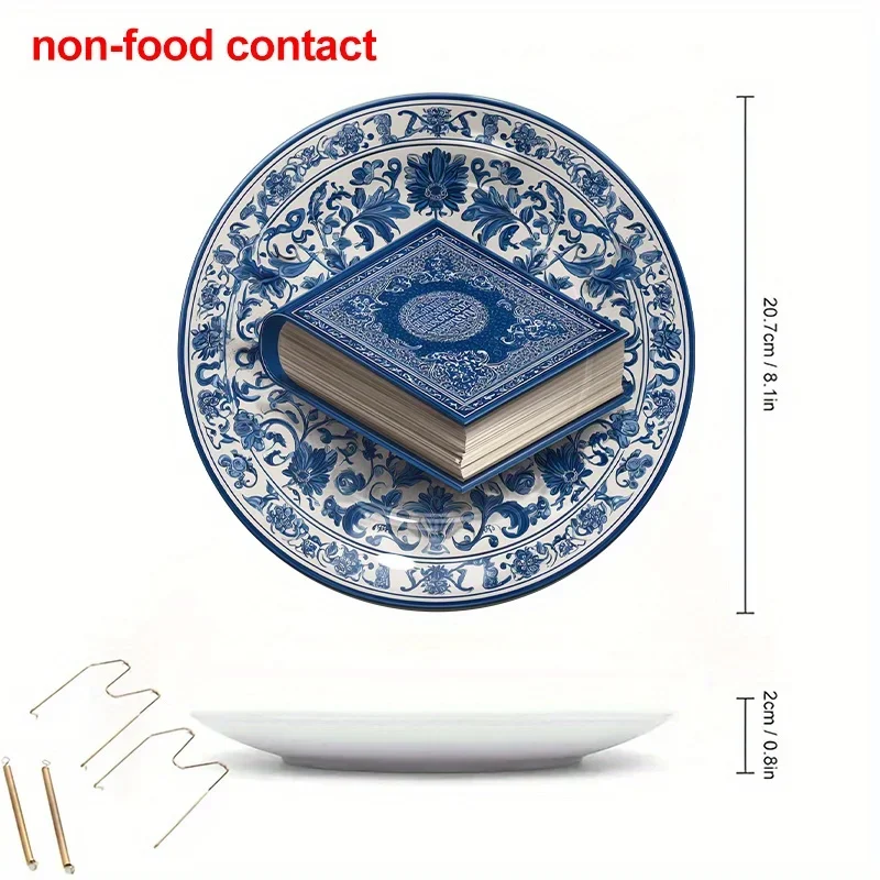 1pc Vintage Blue & White Ceramic Hanging Wall Plate - Floral Book Page & Open Book Design Round Decorative Plate Suitable for