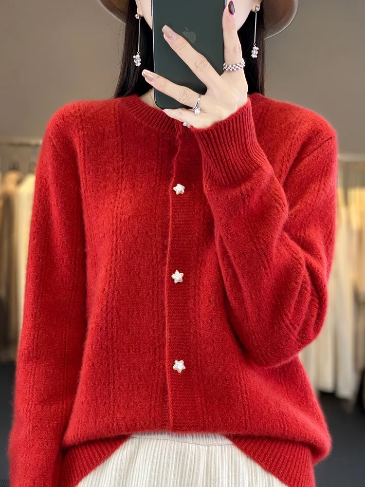 2023 New Autumn Winter Thick Cardigan For Women 100% Merino Wool Sweater Hollow O-Neck Long Sleeve Warm Cashmere Knitwear Tops