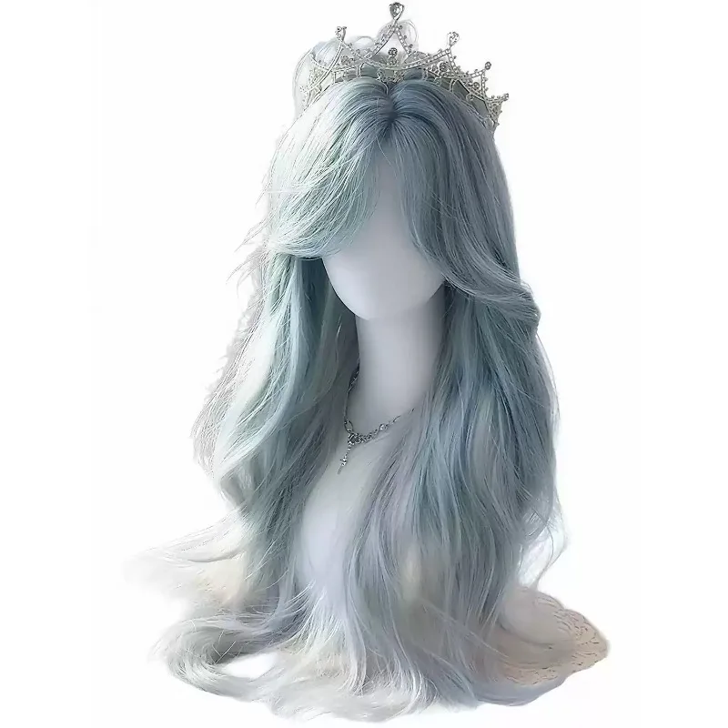 FallenVex Store Women Ice‑Lake‑Blue Long Curly Synthetic Wig Natural Scalp Design Fluffy Full Head Wig for  Halloween Cosplay