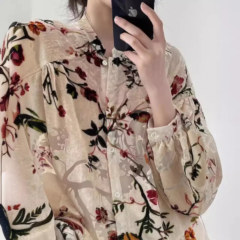 Vintage Wine Velvet Print Loose Shirt for Women Fashion Basic Simple Stand Collar Casual Elegant French  Korean Chic Lady Blouse