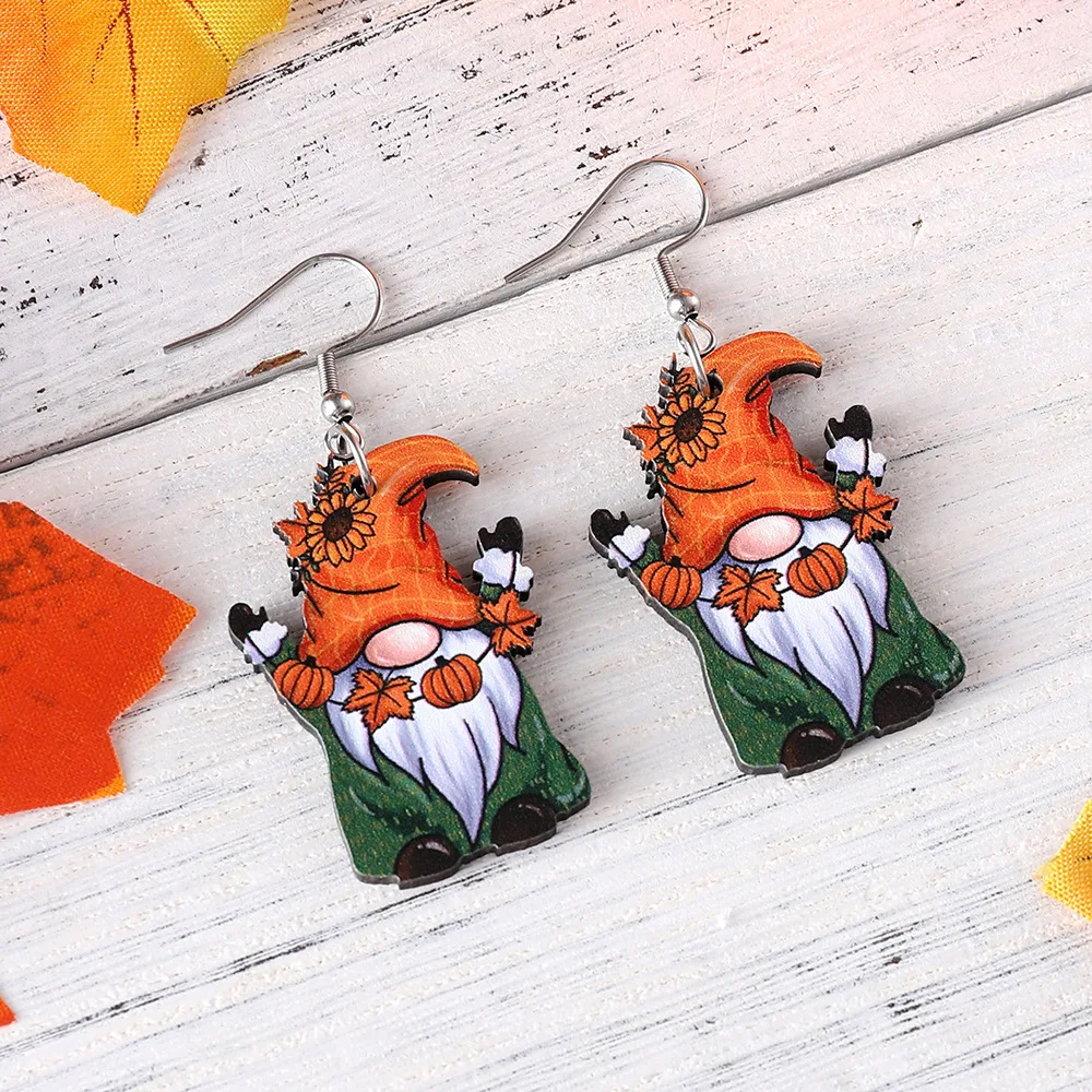 New Thanksgiving Pumpkin Maple Leaf Cute Dwarf Elderly Pendant Earrings Autumn Harvest Cup Pendant Thanksgiving Wooden Earrings