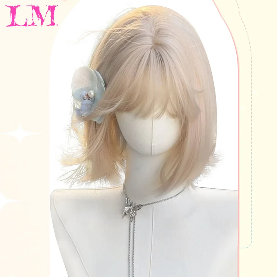 LM Blonde Short Curly Bob Synthetic Wigs with Bangs Platium Golden Lolita Cosplay Wigs for Women Daily Party Cosplay Heat Resist