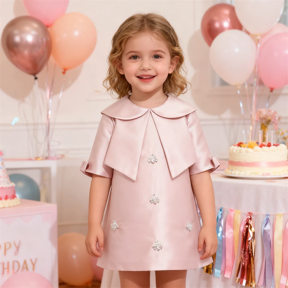 

Sweet Peal Pink Children Dress for Party, Toddler Communion Birthday Formal Dresses, Half Sleeves Above Knee Kids Dress