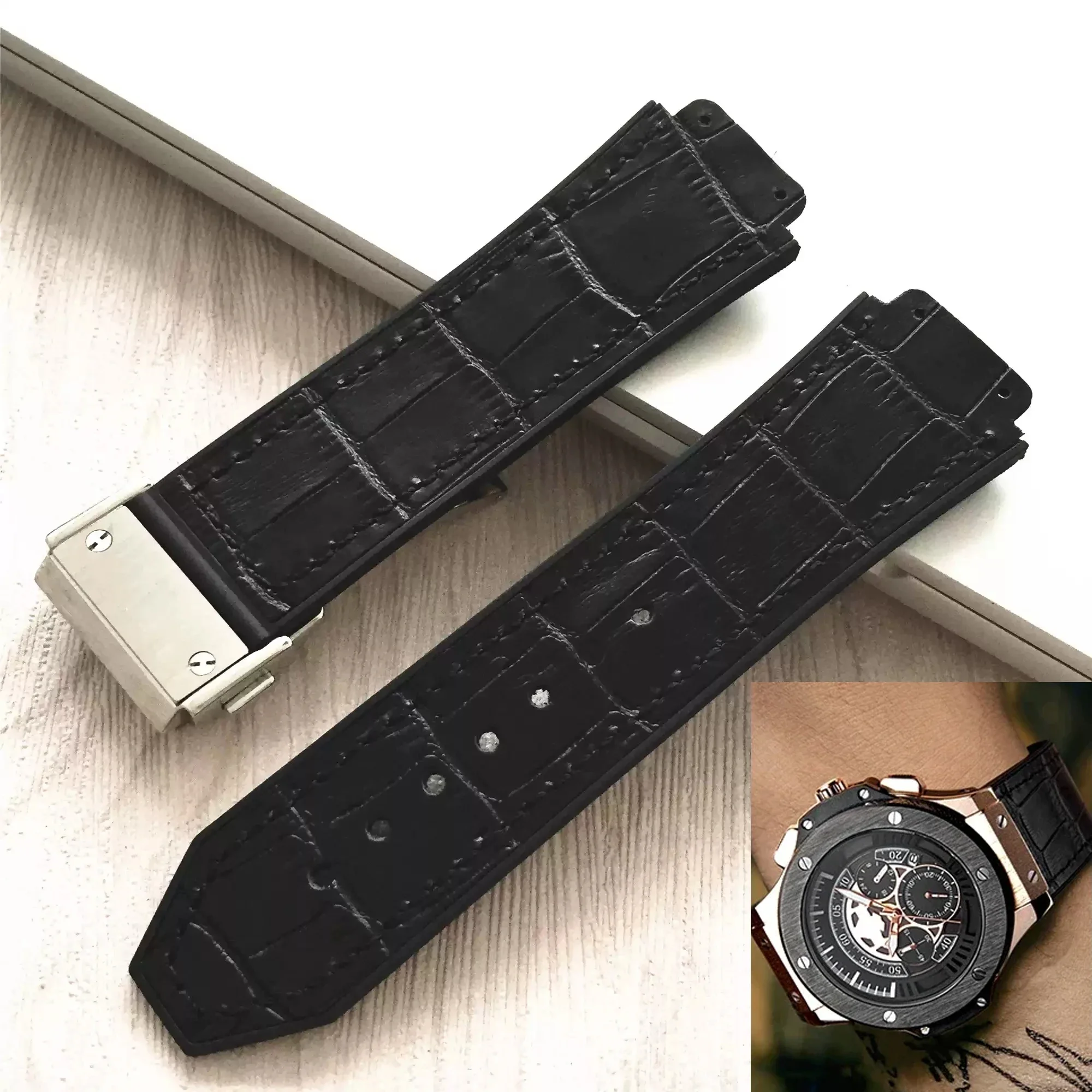 26*19mm Black Blue Real Cow Leather Rubber Watchband for HUBLOT Classic Fusion Universe Big Bang Series Men Belt Watch Band
