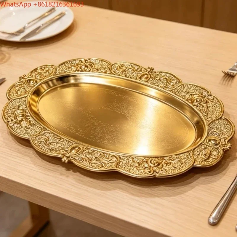 Limited Offer Home Dessert Snack Plate European Oval Fruit Plate, Exquisite Carving Creative Display Metal Cake Tray