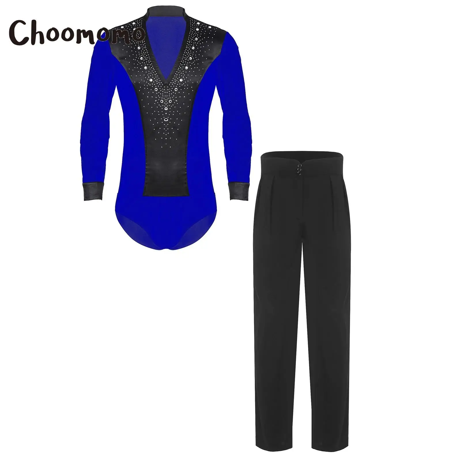 Mens Latin Ballet Dance Leotard Sets Gymnastics Outfits with High Waist Trousers for Ballroom Performance and Practice Workout