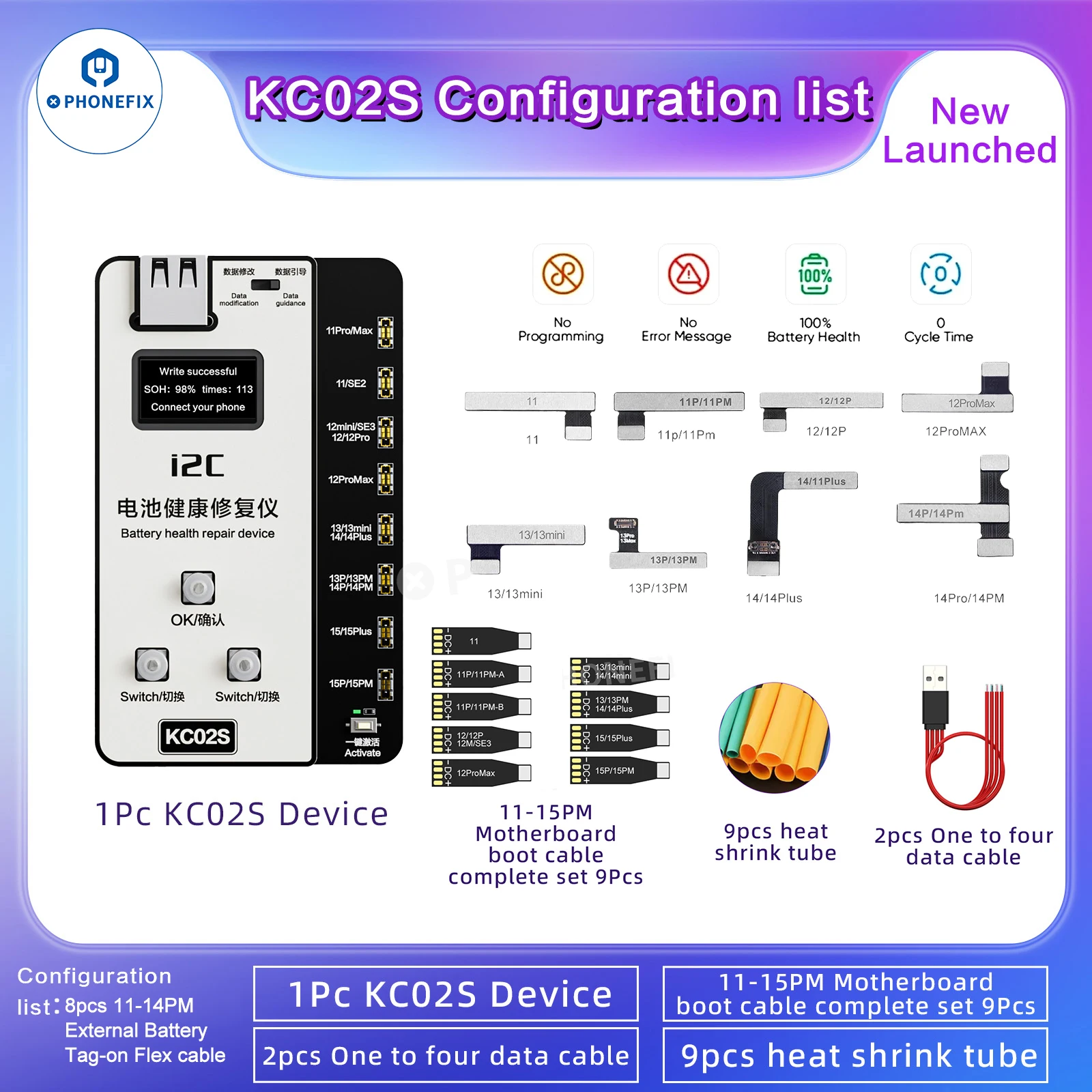 

Калибратор аккумулятора i2C KC02S, предварительно запрограммированный кабель аккумулятора для iPhone 11, 12, 13, 14, 15PM, решает эффективность изменения аккумулятора