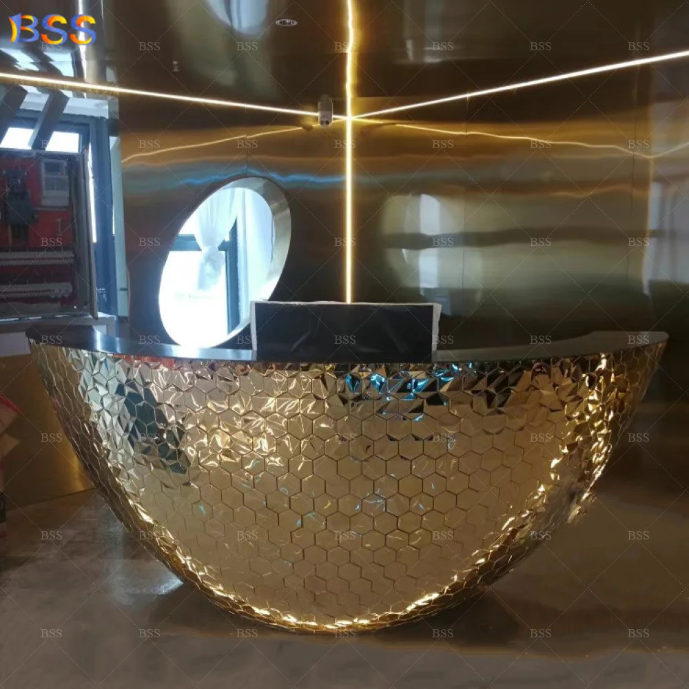 

Customized.Luxury Stainless Gold Reception Desk for Hotel Lobby Bespoke Rounded Shape Spa Front Desk Modern Salon Receptionist D