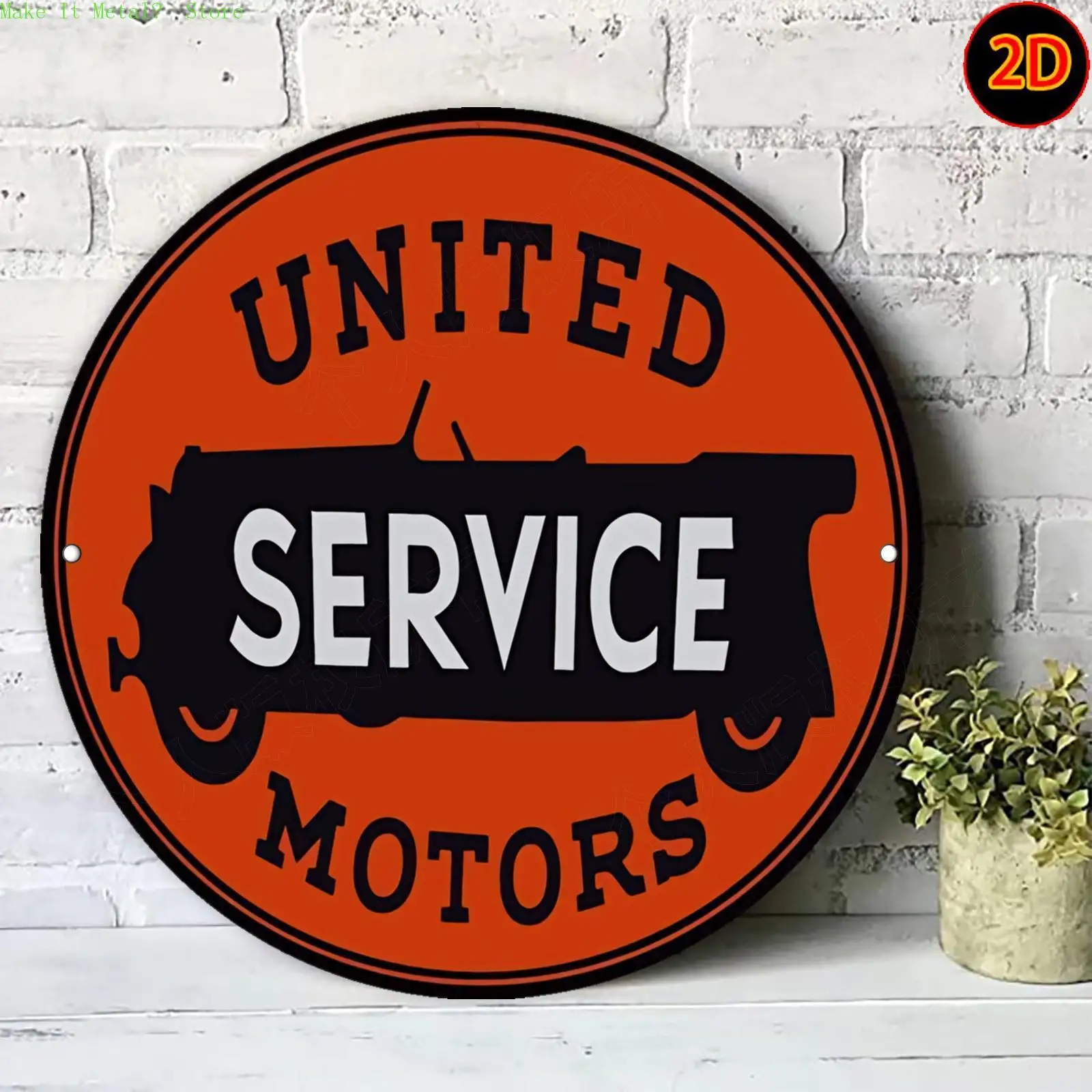 "United Motors Service" 2D Flaches Rundes Metallschild - Retro Vintage Auto Wanddekoration für Garage Männerhöhle