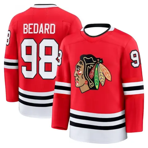 เสื้อฮอกกี้แบล็คฮอว์กส์ “เบดาร์ด 98” - สีแดงแต่งสีดำและขาว เสื้อยืดกีฬาระบายอากาศ พิมพ์ลาย 3 มิติ HD เหมาะสำหรับเป็นเสื้อแข่ง