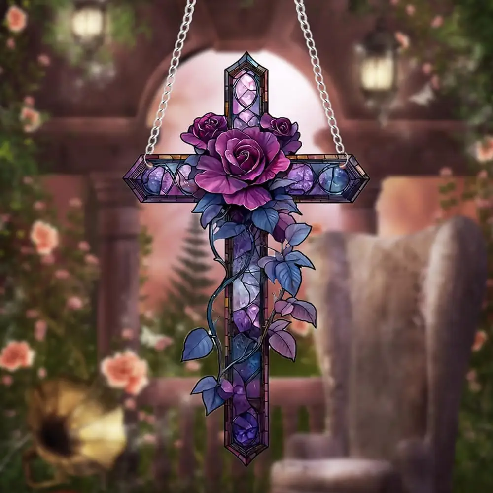 Purple Rose Cross Suncatcher Hanging Decor, 2D Flat Stained Acrylic Suncatcher, Stained Glass Hanging Decoration for Christmas