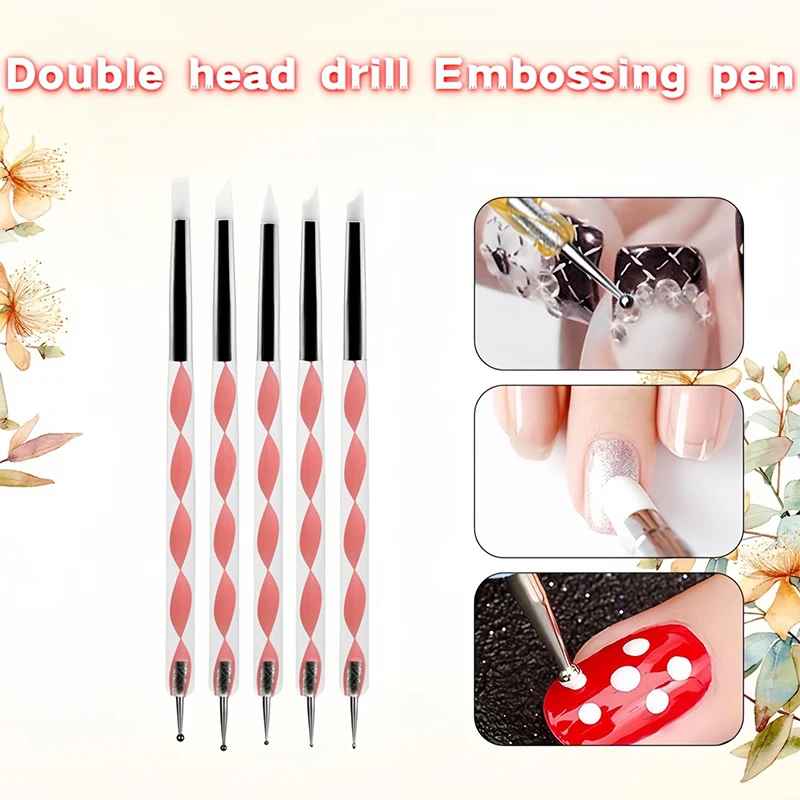 5Pcs High-Quality 2 Way Nail Art Acrylic Silicone Point Flower Nail Pen Stainless Steel Dotting Tools Marbleizing Painting Pens