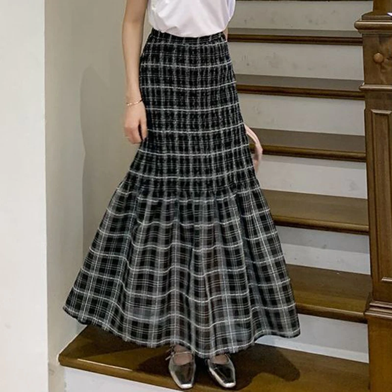 

Retro fashionable elastic waisted plaid fishtail skirt half skirt for women's summer new high waisted slim cake skirt