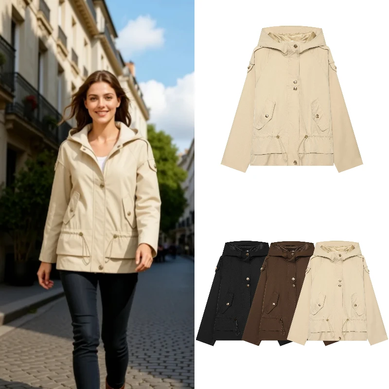 Women's Jacket 2026 Autumn New British Style Khaki Casual Versatile Cropped Hooded Cotton Long Sleeve Zipper Coat