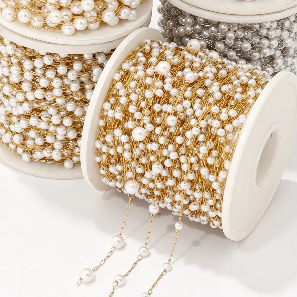 100cm Stainless Steel Imitation Pearl Beaded Cable Chain Findings for Jewelry Making DIY Necklace Bracelet Accessories