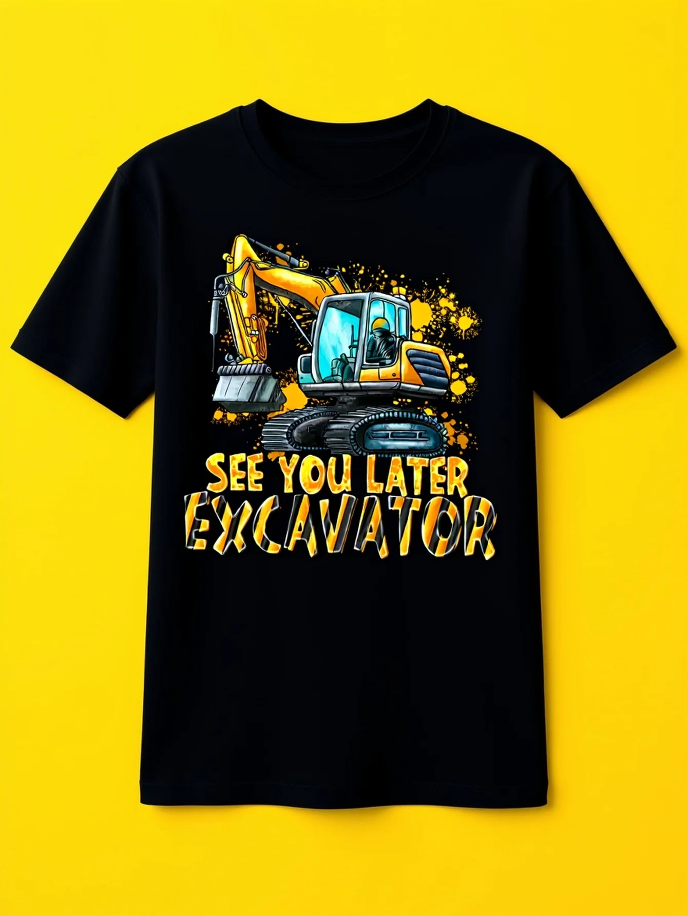 Kids Boys Fashion Crew Neck Tee, Trendy Excavator Graphic With Letter Print Casual Top