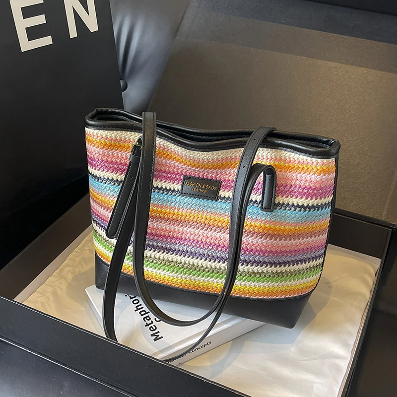 Summer Rainbow Straw Woven Handbags for Women 2024 New Fashion Commuter Shoulder Bags Casual Striped Beach Vacation Tote Bag