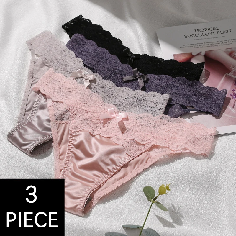 CINOON 3Pcs/Lot Women Sexy Satin Panties Ladies Lace Temptation Lingerie For Premium Light Luxury G-String T-back Underwear