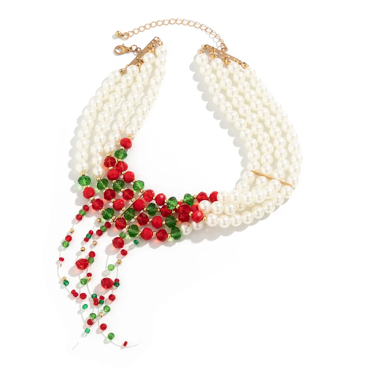 Faux Pearl Choker Multi Strand Tassel Gothic Vintage Round Bead Christmas Party Sturdy Adjustable Gold Tone Necklace Ladies