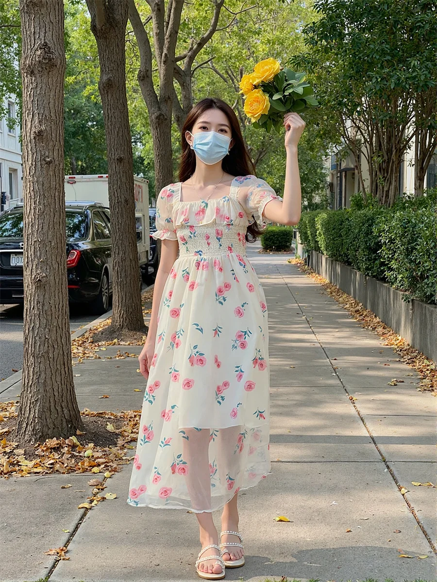 여성용 파티 웨딩 플로럴 프린트 발목 길이 자수 비즈 장식 스팽글 드레스