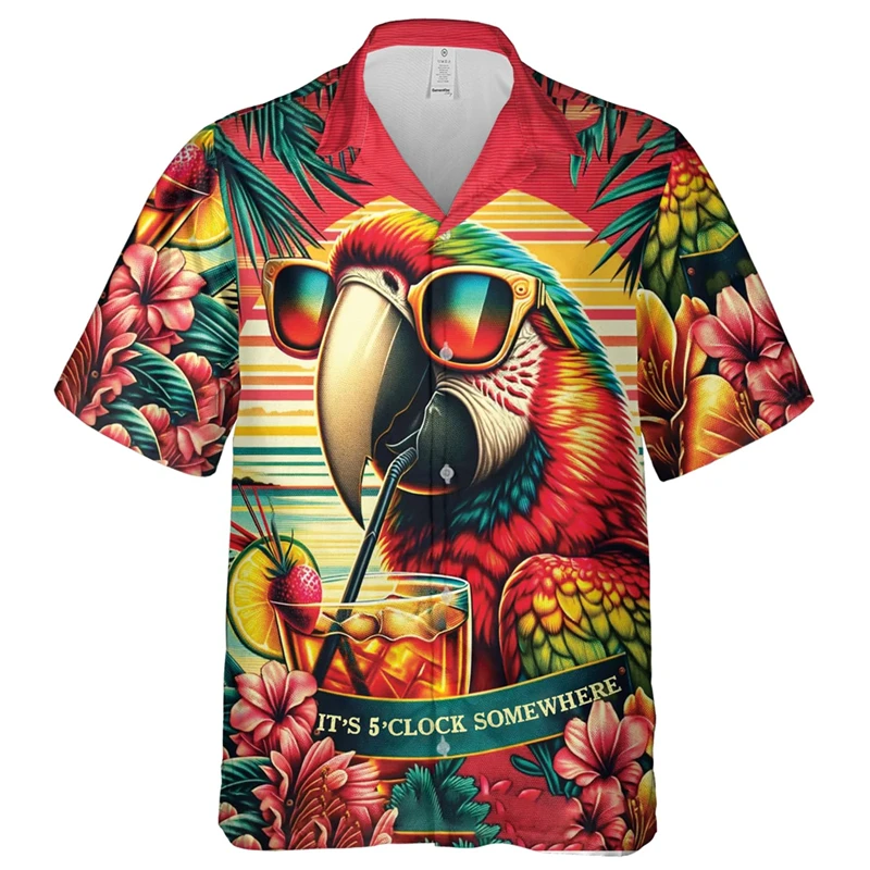 Parrot Lovers Beach Shirts Summer Hawaii Short Sleeve Shirt For Men Clothes Aloha Party Short Sleeve Male Vacation Lapel Blouse