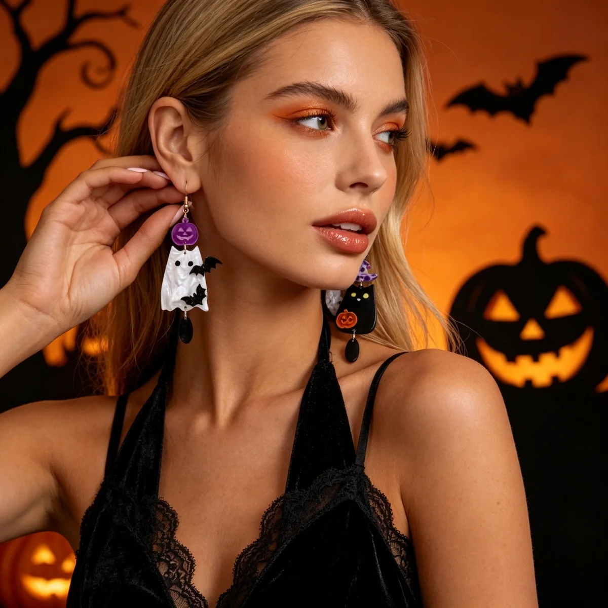 Asymmetrische Ohrringe aus Acryl mit schwarzer und weißer Katze, Kürbis, Fledermaus, Hexenhut für Frauen, Gothic-Blumen-Geister-Tropfenohrringe, Halloween-Schmuck – Detail 9