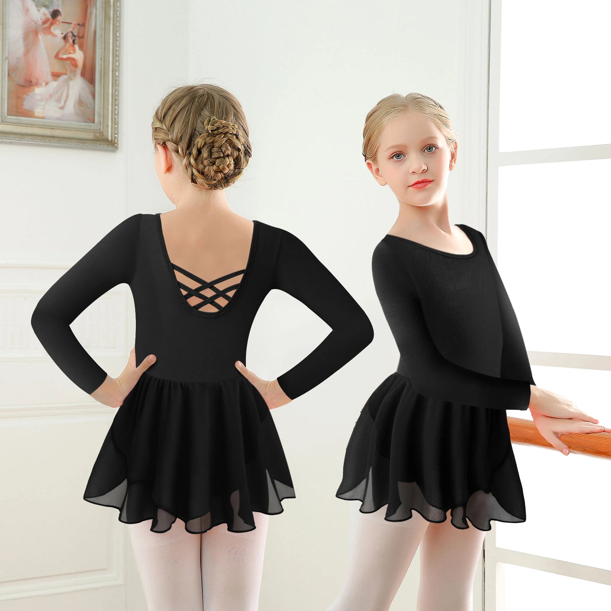 Mädchen Langarm Ballett Trikot mit Rock Kind Kreuzmuster Hohl Zurück Tanz Kleid Kleinkind Ballett Kleidung