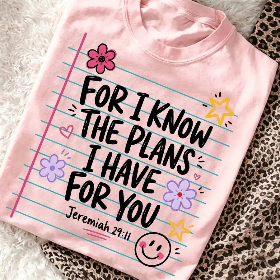 Women's Inspirational Christian Verse Back To School Notebook Preppy Faith Blessed Religious Teacher Graphic Print T‑Shirt Crew Neck Short Sleeve Casual Tee Top