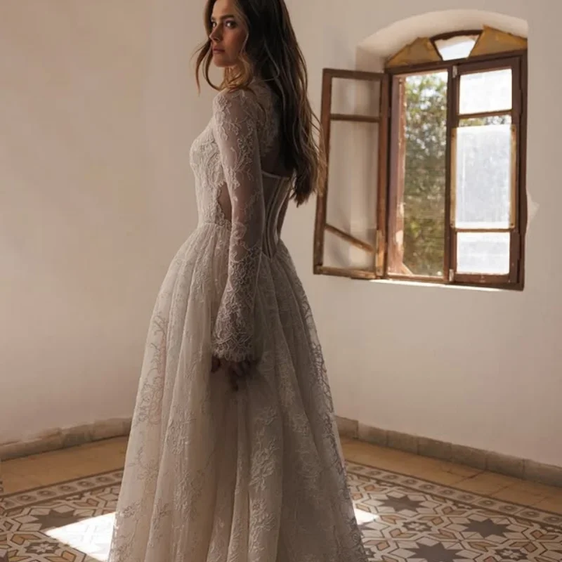 Customzied high-neck long-sleeved A-LINE lace elegant wedding dresses For Women vestidos de novia Boho Luxury Bridal Gown