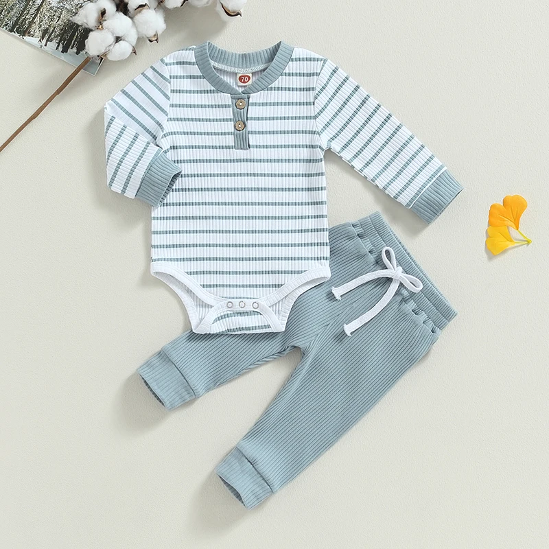 Casual Baby Boy 2Pcs Fall Outfits Long Sleeve Knitted Striped Print Romper Pants Set Infant Warm Clothes Baby\'s Sets