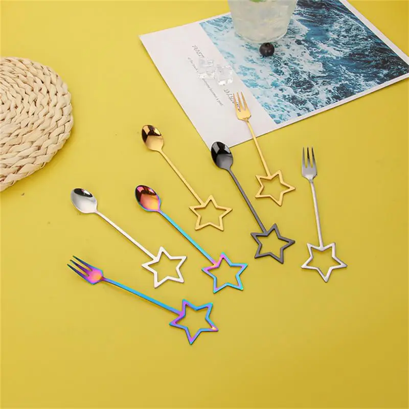 304 Stainless Steel Spoon Creative Stars Golden Coffee Mixing Spoon Household Ice Cream Dessert Spoon Fork