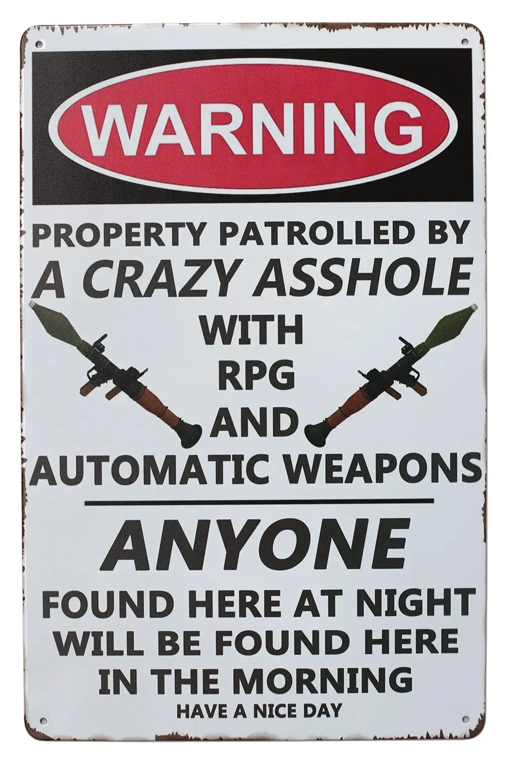 SUMIK Warning Property Patrolled by A Crazy RPG, Funny Metal Tin Sign, Vintage Plaque Home Wall Decor