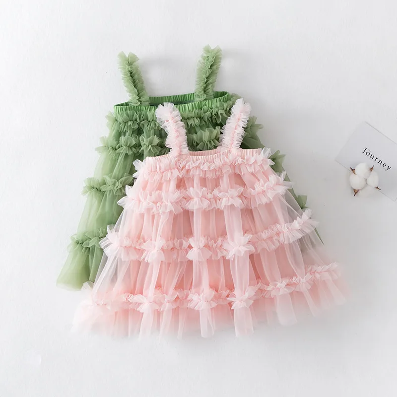 Summer Pretty Princess Vest Dress for Girls Solid Sling Halloween Costume Tulle Mesh Tutu Dresses Kids Party Princess Dress