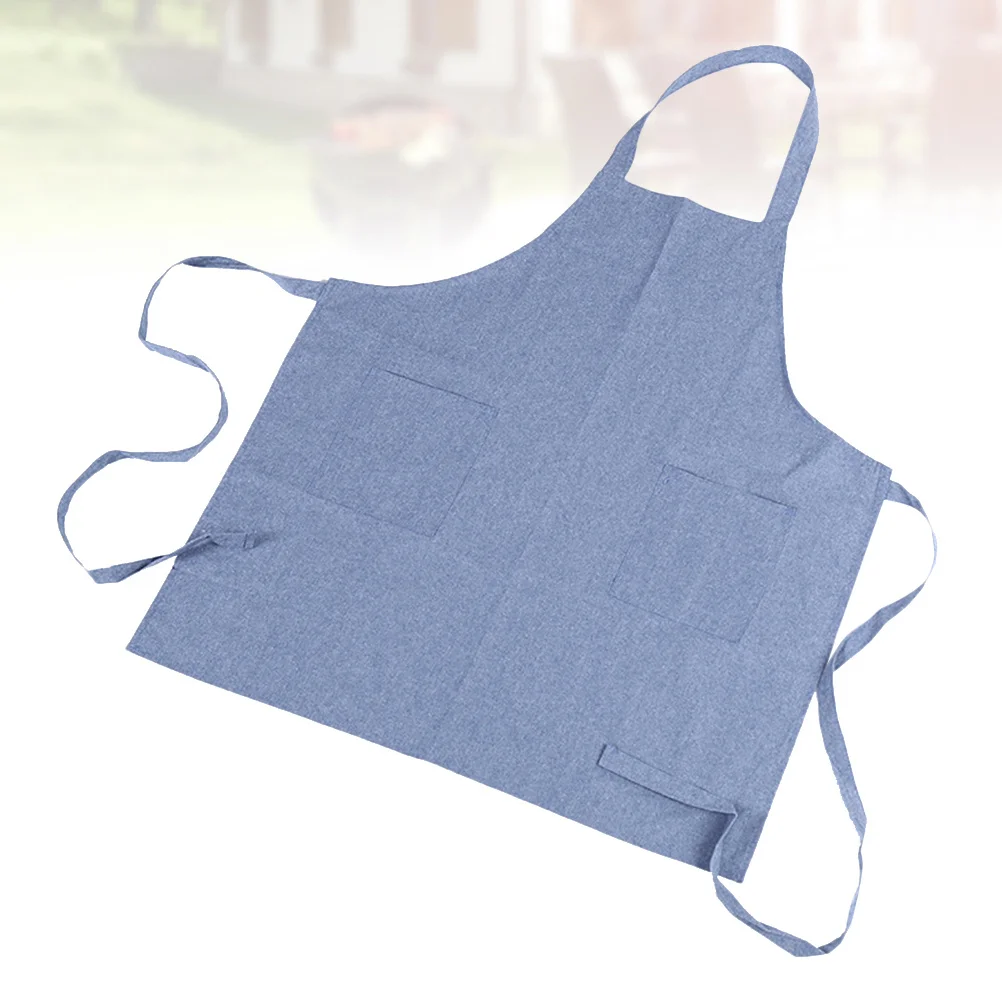

1Pcs Pure Cotton Apron Blue Solid Color Cooking Aprons Kitchen Household Aprons Long Strap Ties Convenient Pockets