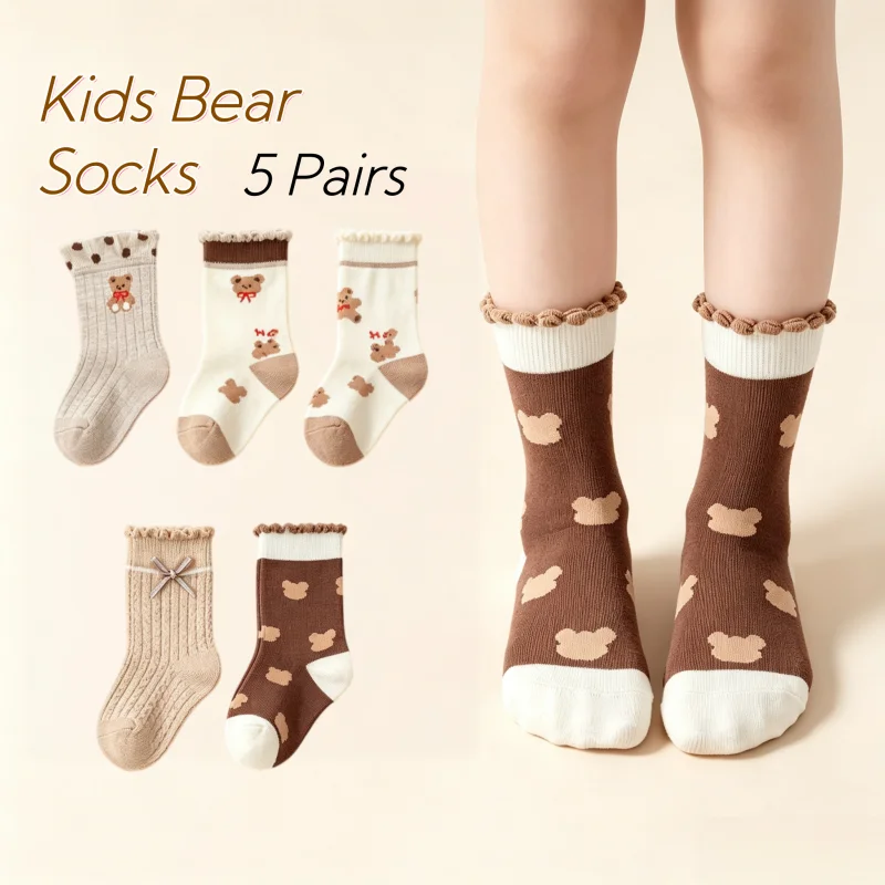 Cute Bear Kids Socks 5 Pairs Gilrs Ruffle Cuff Cotton Socks Mid Calf Socks for Spring Autumn