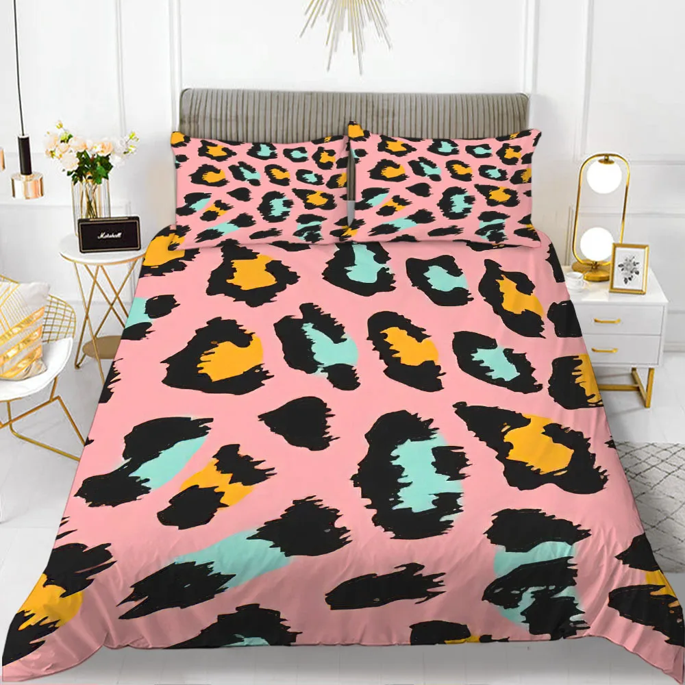 

Leopard Print Duvet Cover Set Pink Girly Chic Cheetah Print Bedding Set For Boy Teen Polyester Wild Animal Theme Comforter Cover