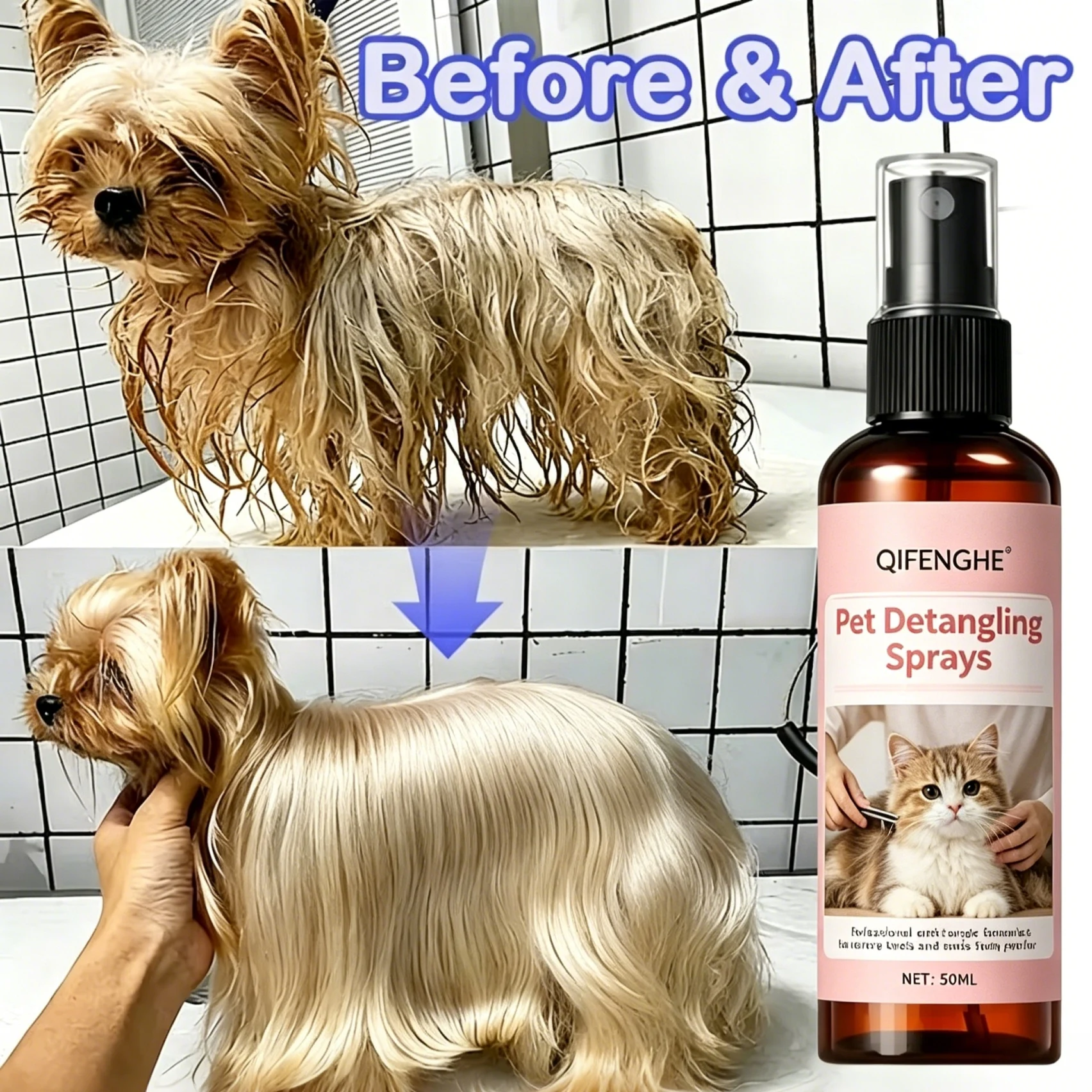 Pet Detangling Sprays 50ML (1.76OZ), Professional Anti-Tangle Leave-in Pet Conditioner Spray, Remove Knots & Mats Reduce Static