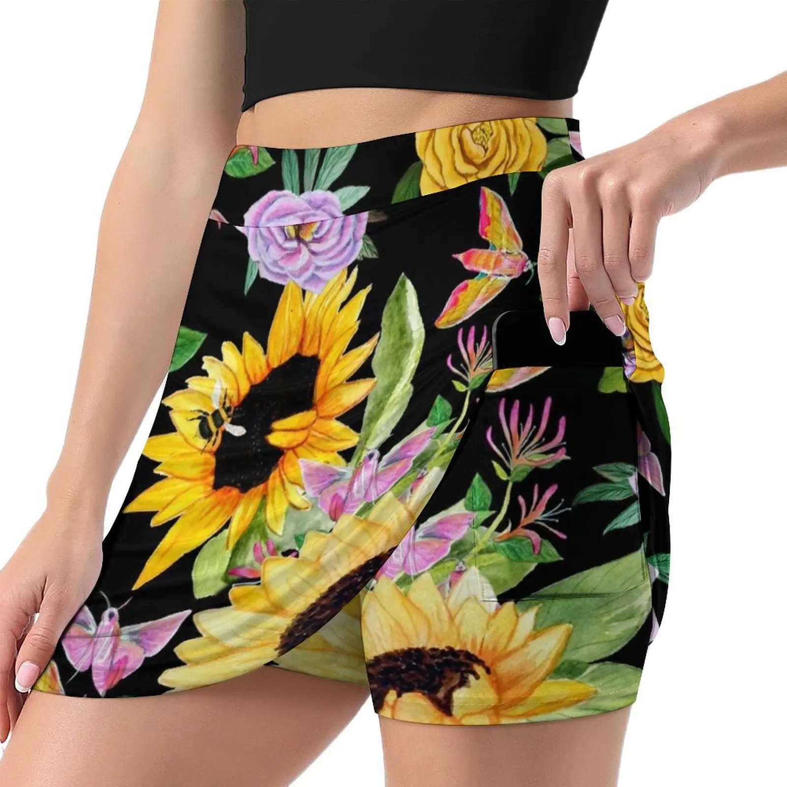 Honey bee , Sunflower , moth and peony in yellow, pink and lilac on black Mini Skirt 90s aesthetic Evening dresses