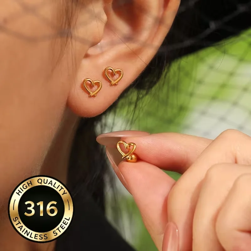 Korean Fashion Delicate Heart Stud Earrings for Woman Daily-wear Small Studs With Rhinestone Piecing Hypoallergenic Ears Jewelry