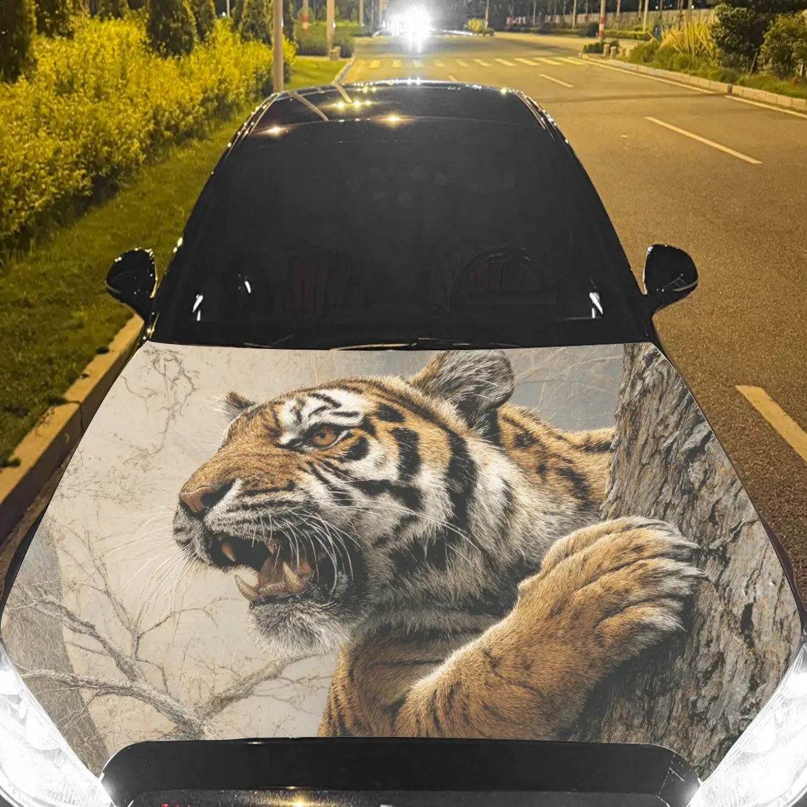 Car Decals Tiger with Striped Fur, a Roaring Expression, and a Tree - Climbing Scene Car Hood Sticker, Waterproof Self - Adhesiv